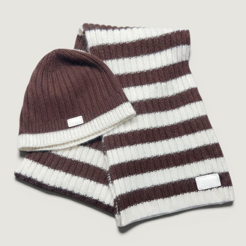 Coach Beanie Scarf Set Womens OS Brown Cream Excellent Striped Wool Cashmere
